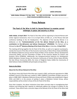 Press Release: the Panel of the Wise to Hold Its Second Retreat To