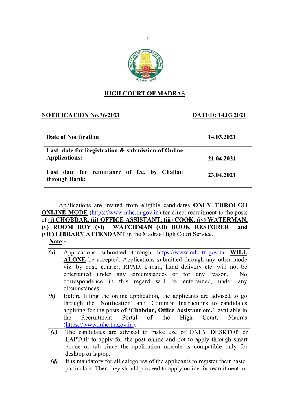 HIGH COURT of MADRAS NOTIFICATION No.36/2021 DATED