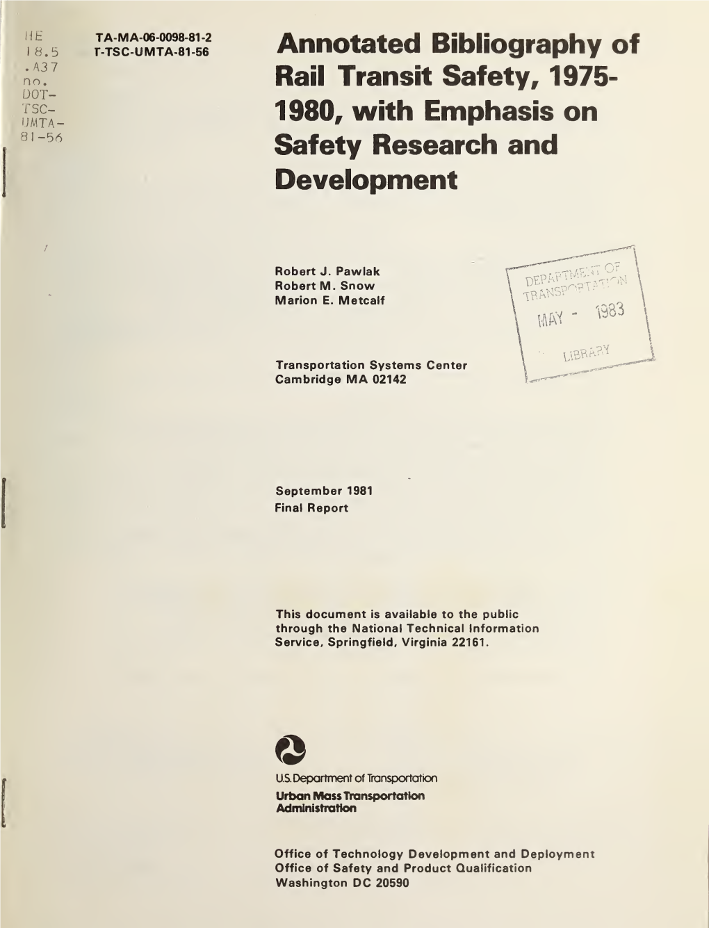 Annotated Bibliography of Rail Transit Safety, 1975-1980, With