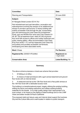 Planning and Transportation 23 June 2020 Subject: 81 Newgate Street