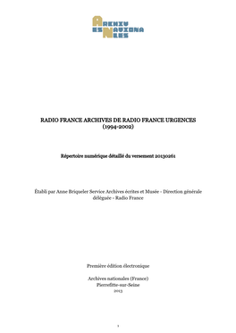 Radio France Archives De Radio France Urgences (1994-2002)