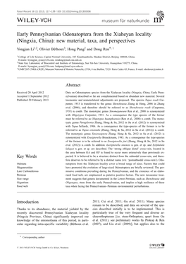 Early Pennsylvanian Odonatoptera from the Xiaheyan Locality (Ningxia, China): New Material, Taxa, and Perspectives