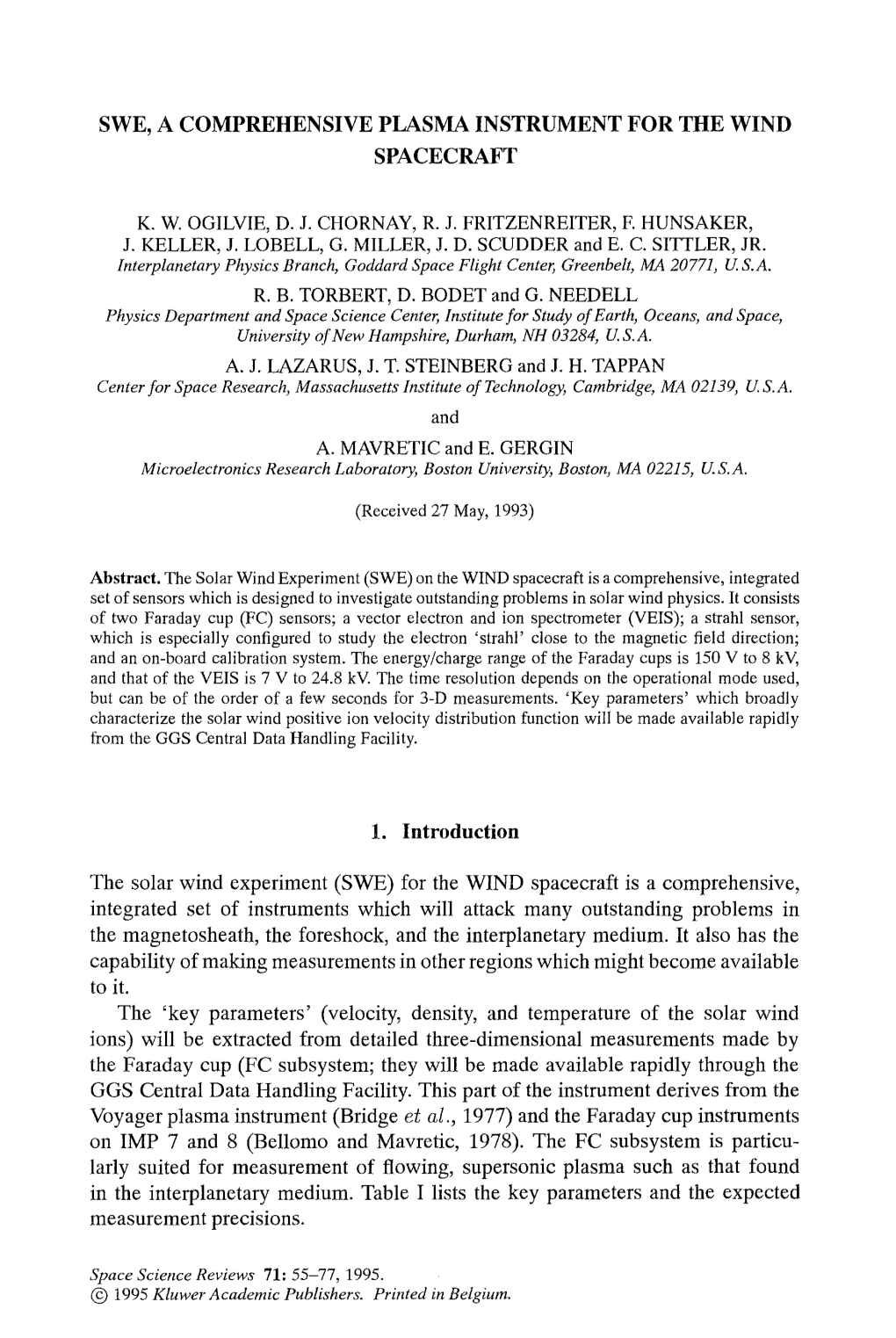 Swe, a Comprehensive Plasma Instrument for the Wind Spacecraft