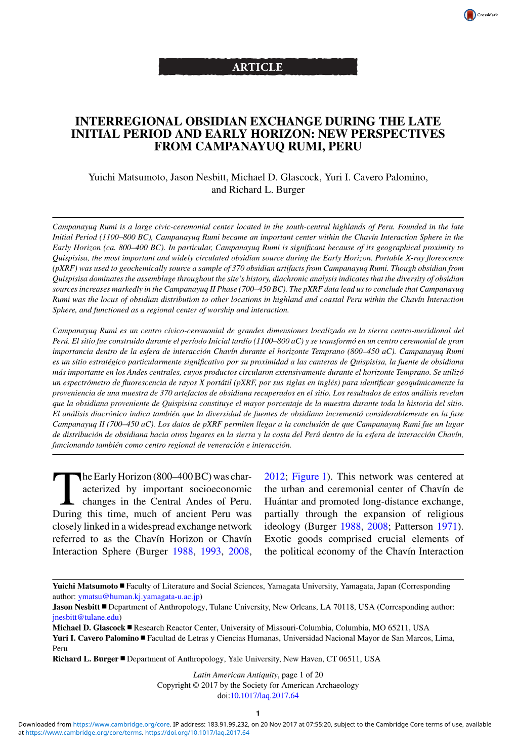 Interregional Obsidian Exchange During the Late Initial Period and Early Horizon: New Perspectives from Campanayuq Rumi, Peru