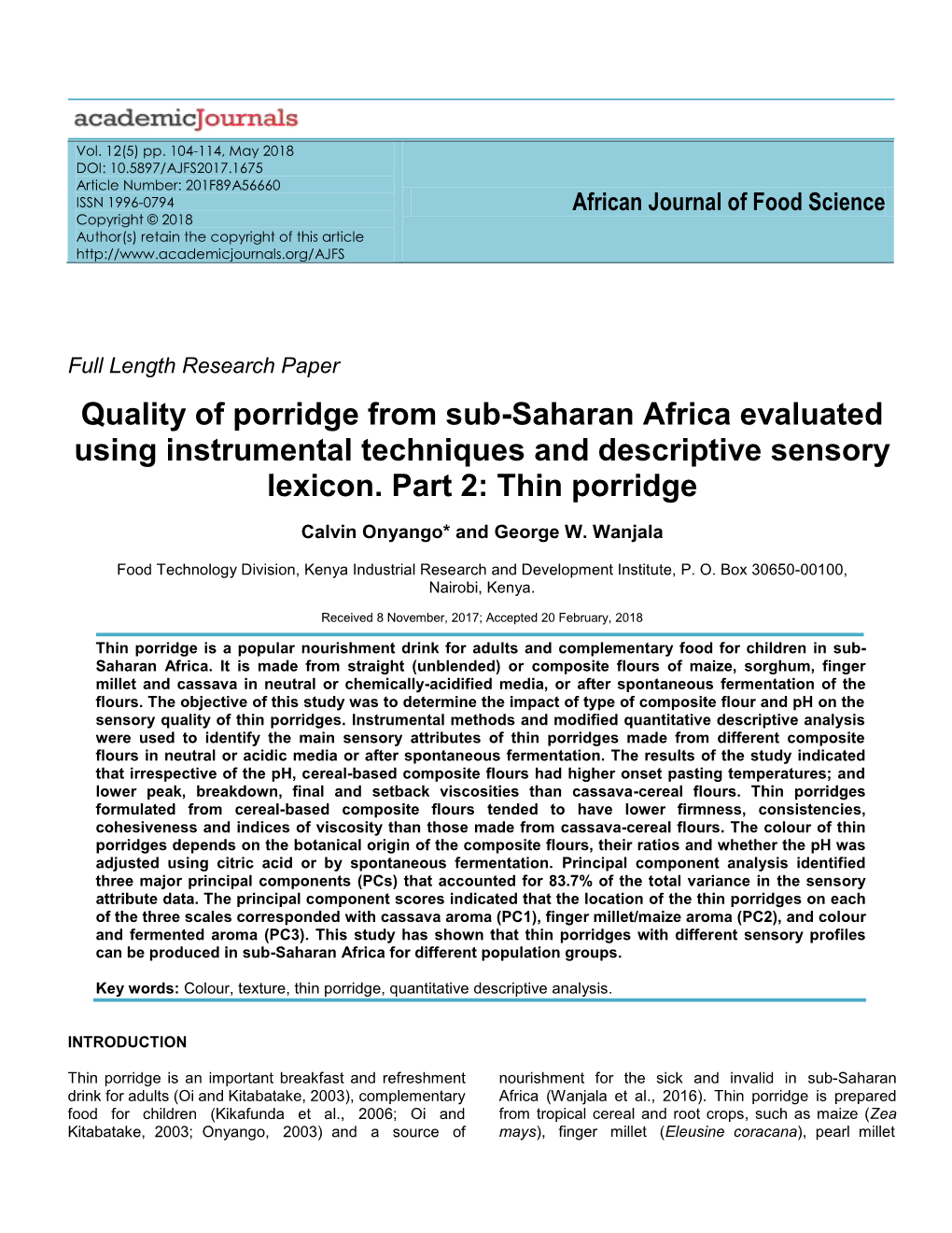 Quality of Porridge from Sub-Saharan Africa Evaluated Using Instrumental Techniques and Descriptive Sensory Lexicon