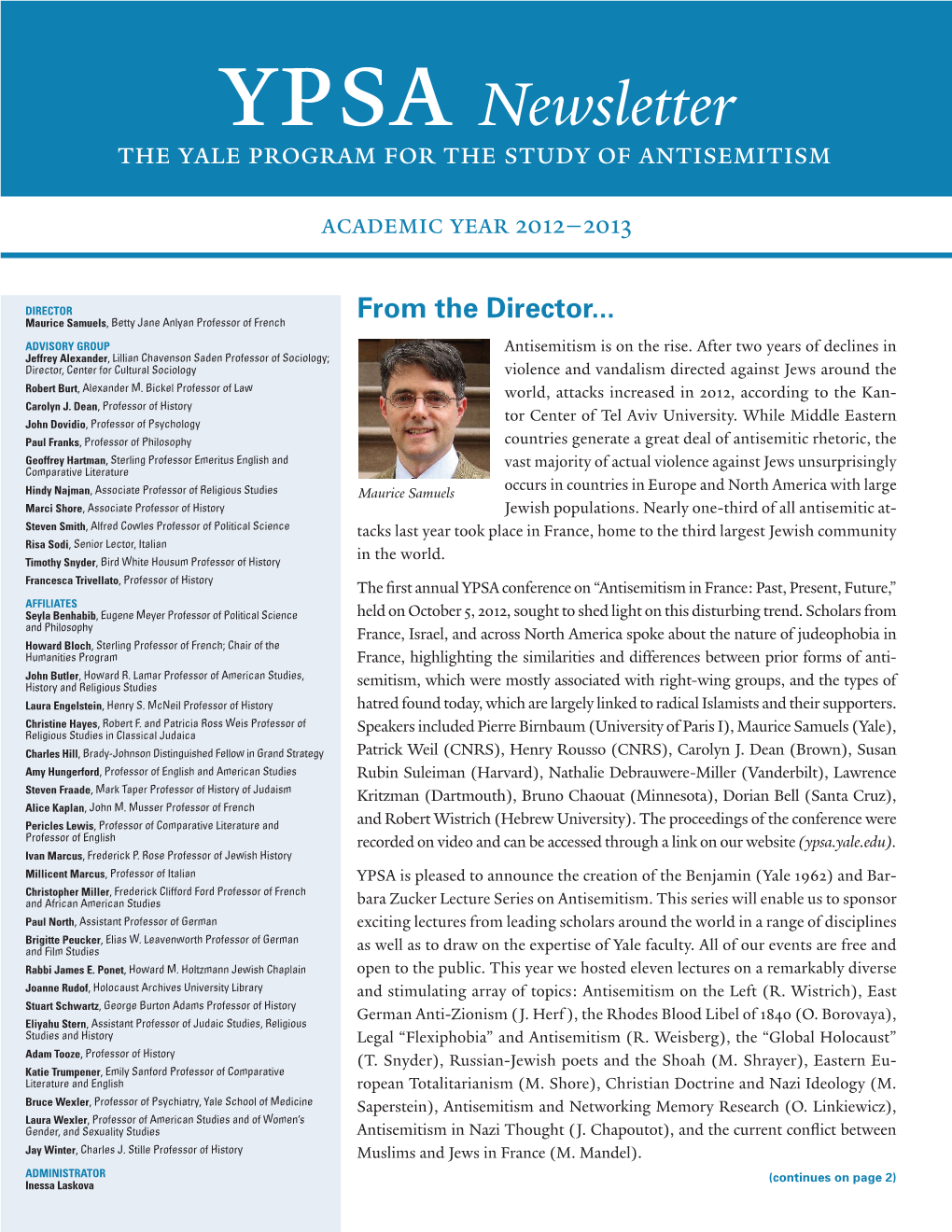 Ypsa Newsletter the Yale Program for the Study of Antisemitism