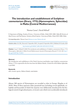 The Introduction and Establishment of Sceliphron Caementarium (Drury