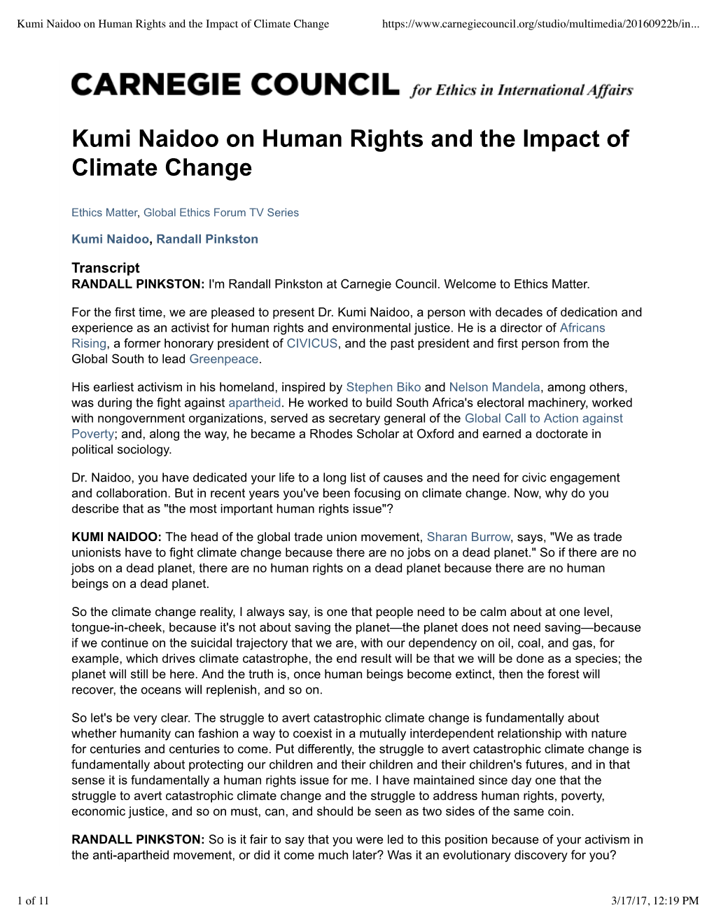 Kumi Naidoo on Human Rights and the Impact of Climate Change