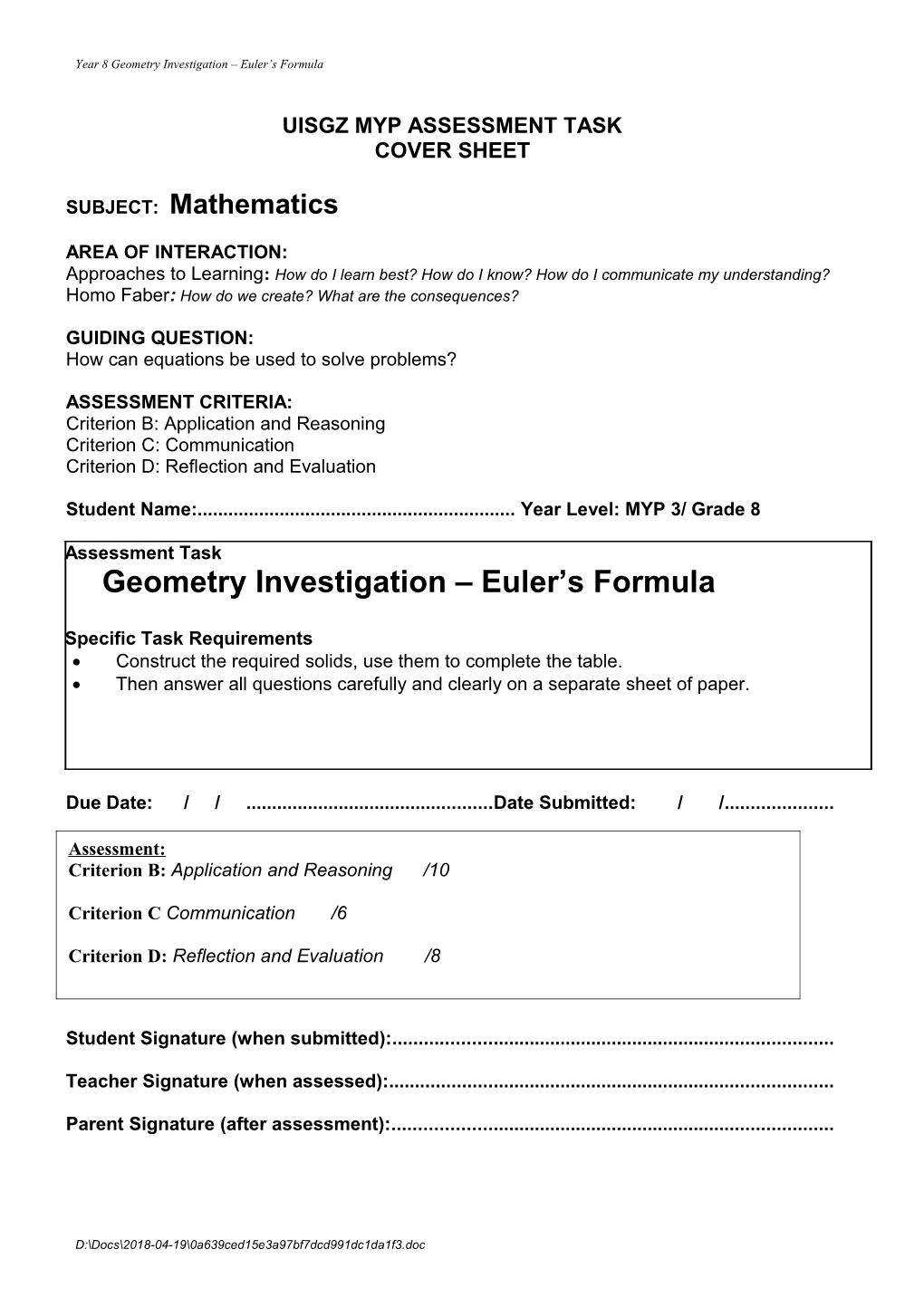 Uisgz Myp Assessment Task