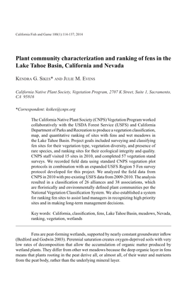 Plant Community Characterization and Ranking of Fens in the Lake Tahoe Basin, California and Nevada