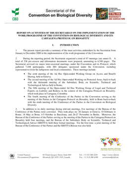 Report on Activities of the Secretariat on the Implementation of the Work Programme of the Convention on Biological Diversity and Its Cartagena Protocol on Biosafety