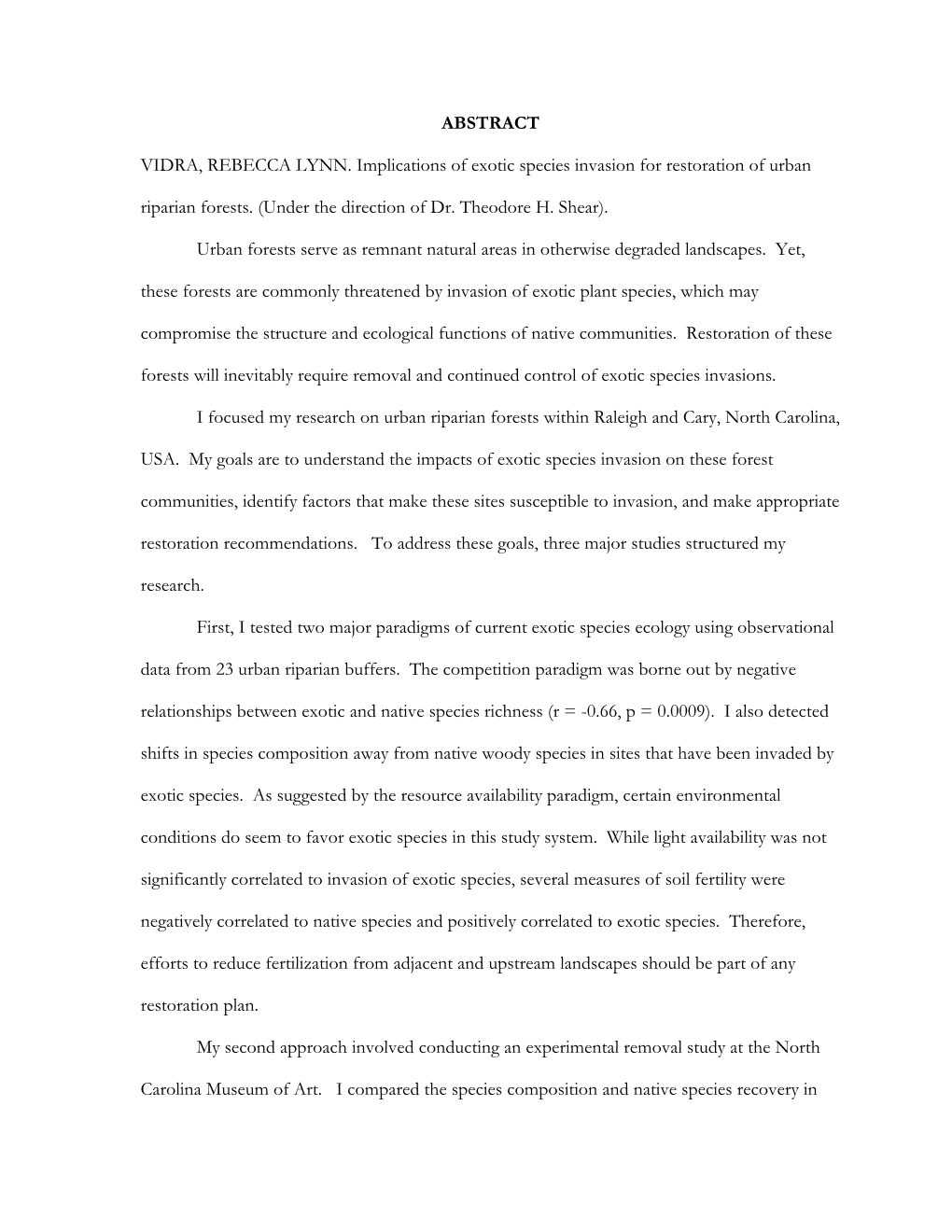 Implications of Exotic Species Invasion for Restoration of Piedmont Urban Forests