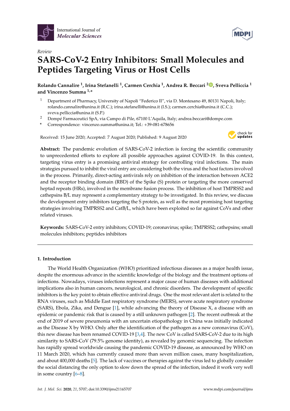 SARS-Cov-2 Entry Inhibitors: Small Molecules and Peptides Targeting Virus Or Host Cells