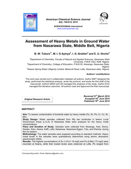 Assessment of Heavy Metals in Ground Water from Nasarawa State, Middle Belt, Nigeria