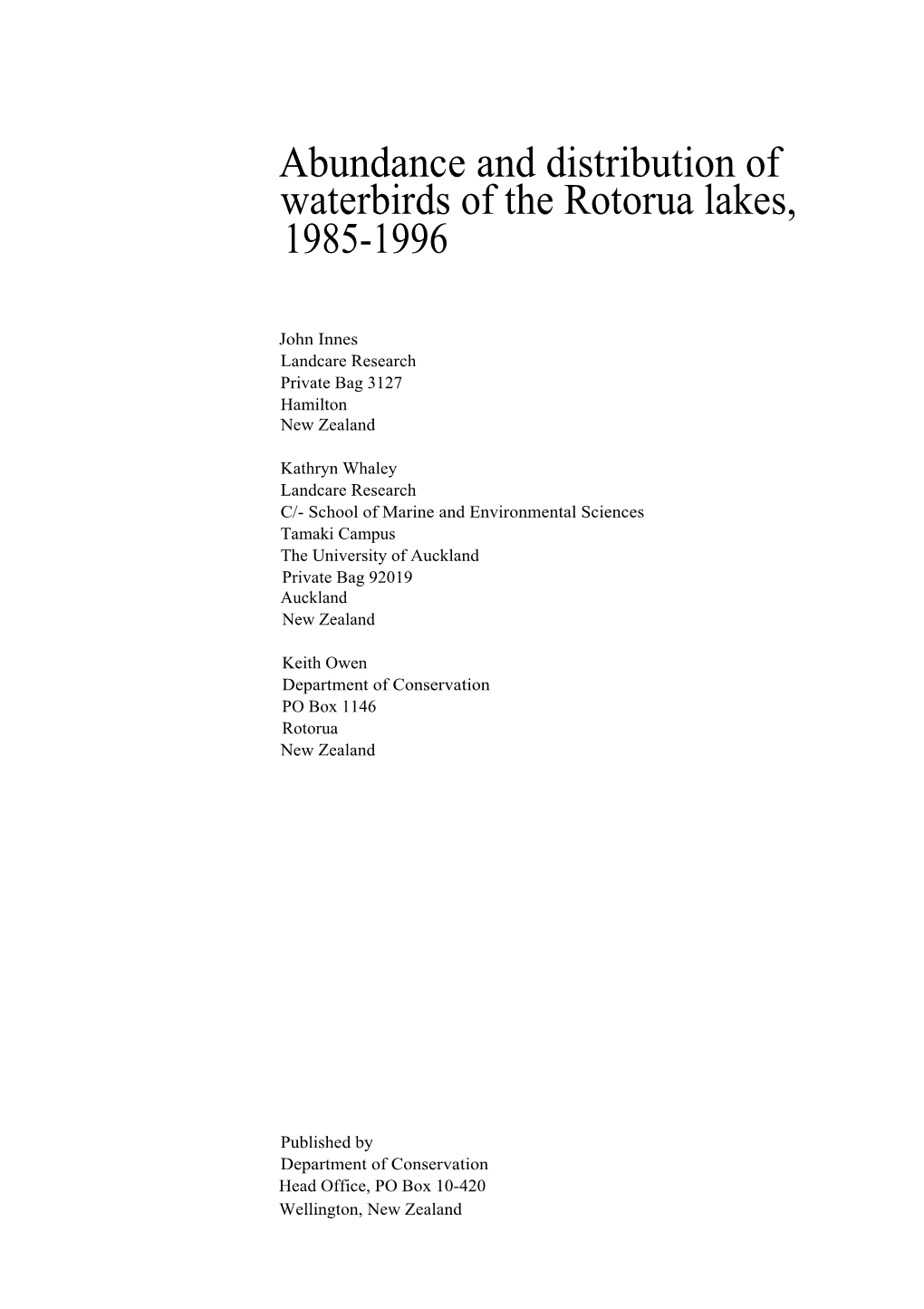 Abundance and Distribution of Waterbirds of the Rotorua Lakes, 1985-1996