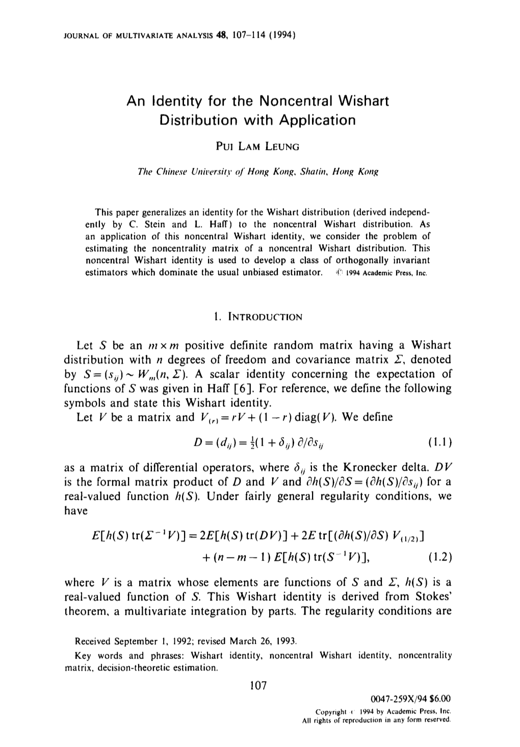 An Identity for the Noncentral Wishart Distribution with Application