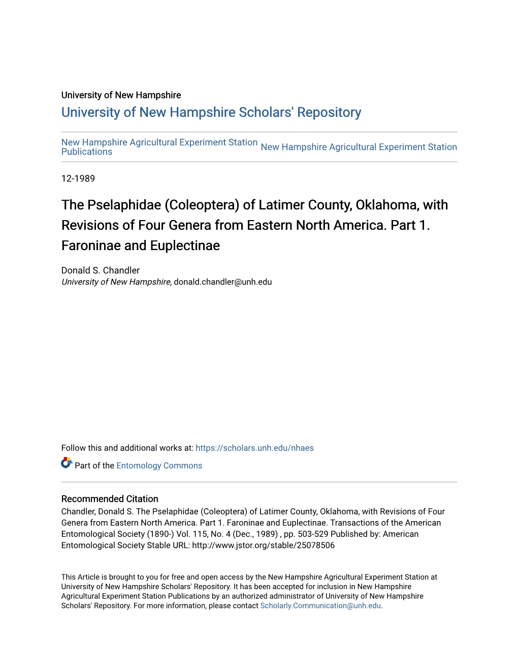 The Pselaphidae (Coleoptera) of Latimer County, Oklahoma, with Revisions of Four Genera from Eastern North America