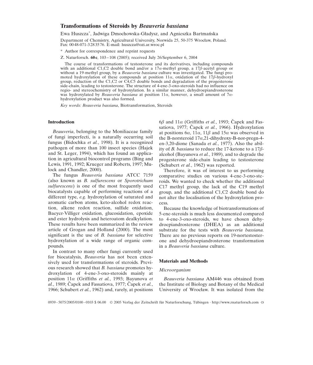 Transformations of Steroids by Beauveria Bassiana