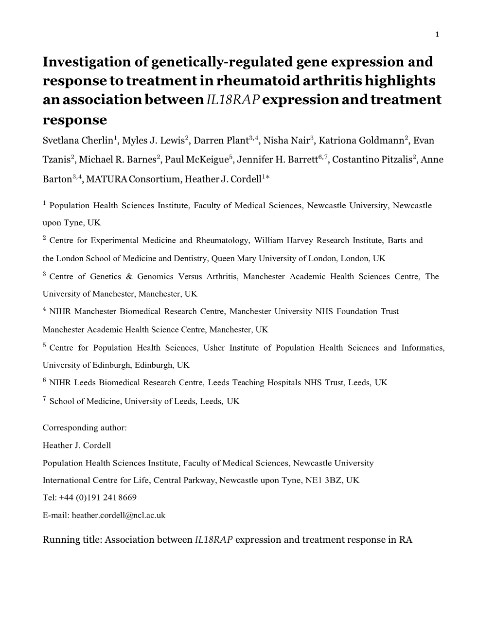 Investigation of Genetically-Regulated Gene Expression and Response to Treatment in Rheumatoid Arthritis Highlights an Associati