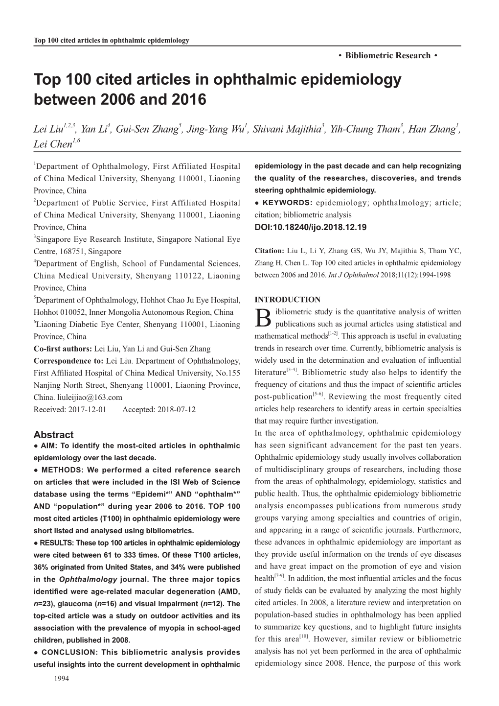 Top 100 Cited Articles in Ophthalmic Epidemiology Between 2006 and 2016