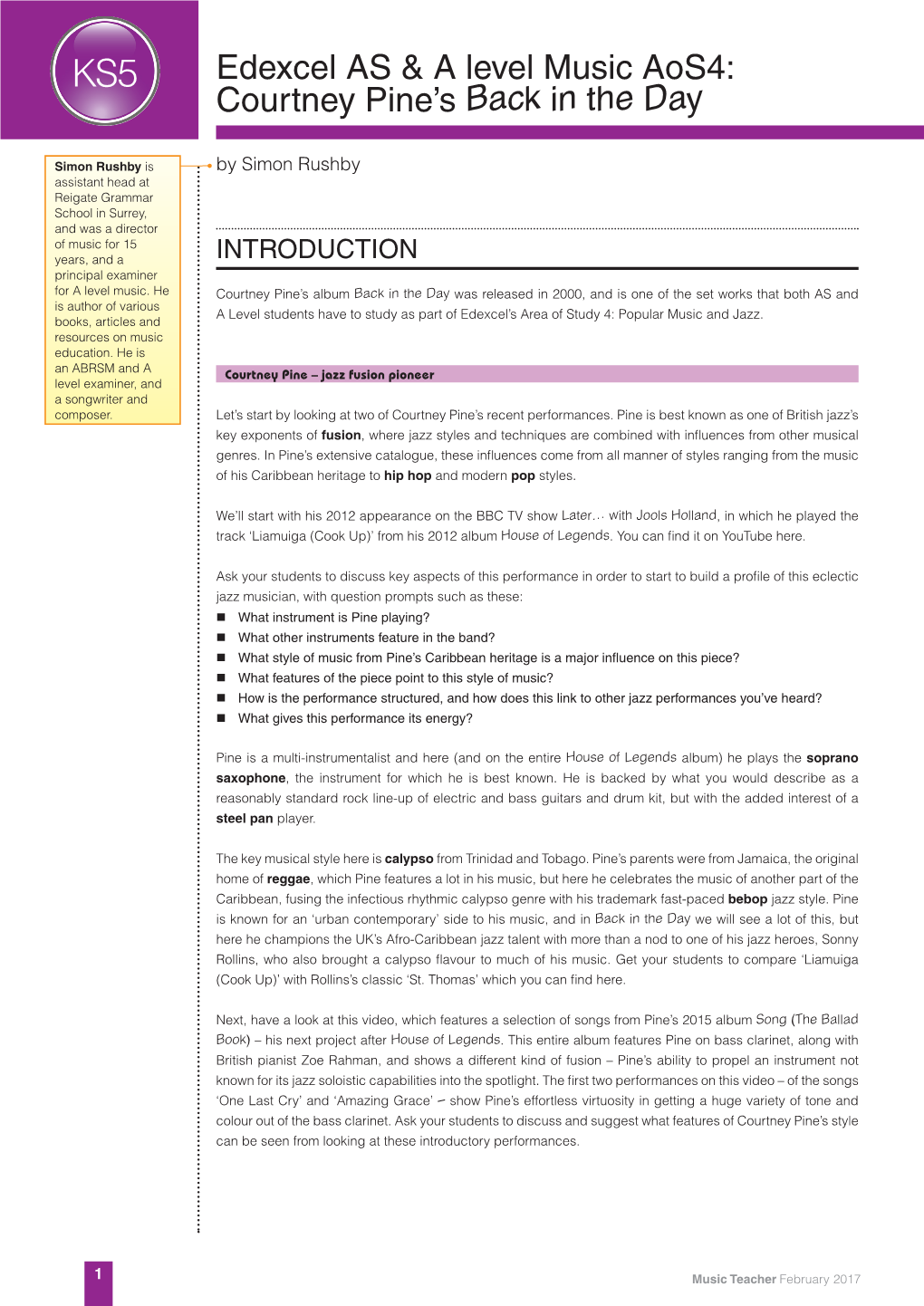 Edexcel AS & a Level Music Aos4: Courtney Pine's Back in The