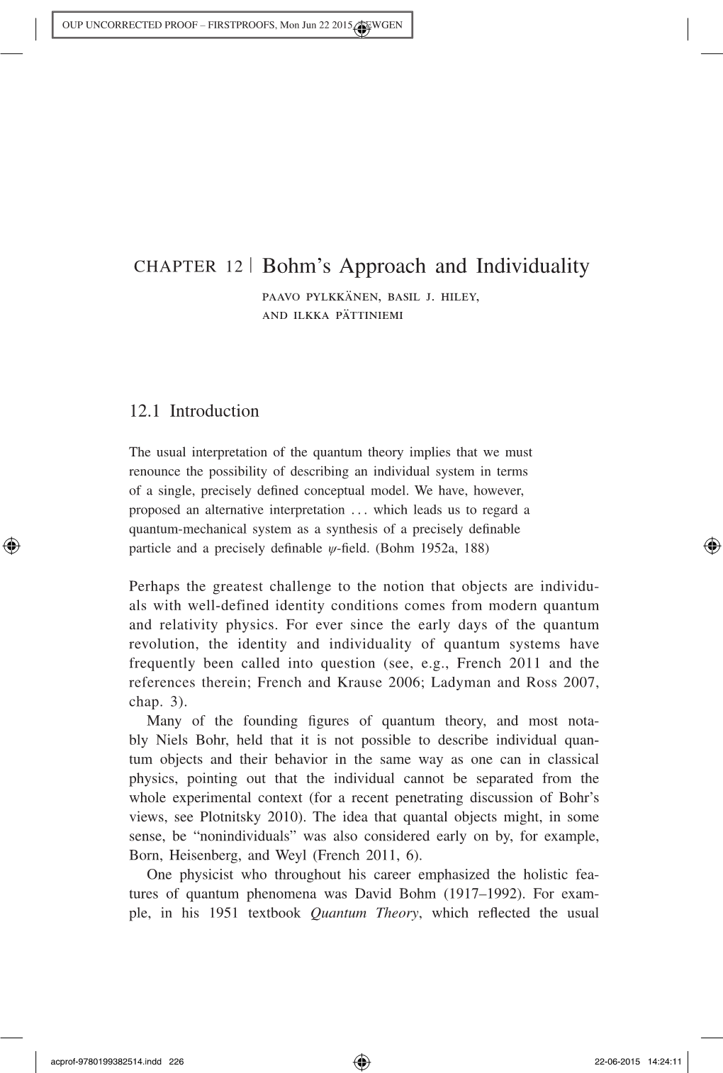 Bohm's Approach and Individuality