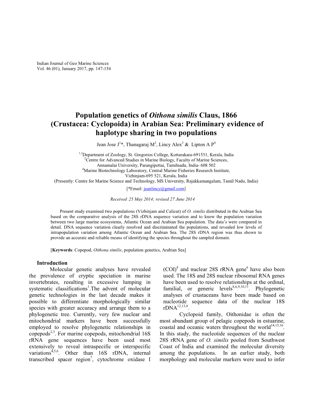 Population Genetics of Oithona Similis Claus, 1866 (Crustacea: Cyclopoida) in Arabian Sea: Preliminary Evidence of Haplotype Sharing in Two Populations