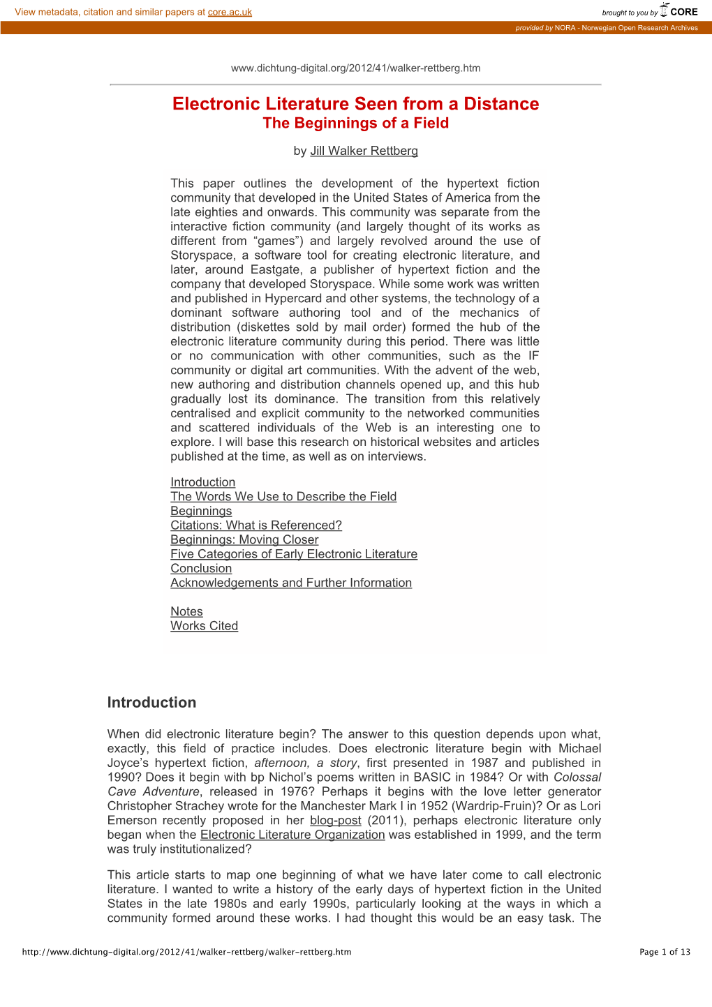 Electronic Literature Seen from a Distance: the Beginnings of a Field Provided by NORA - Norwegian Open1/14/13 Research 13:56 Archives