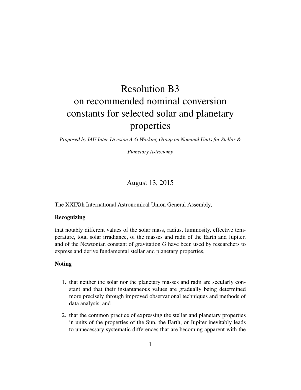Resolution B3 on Recommended Nominal Conversion Constants for Selected Solar and Planetary Properties