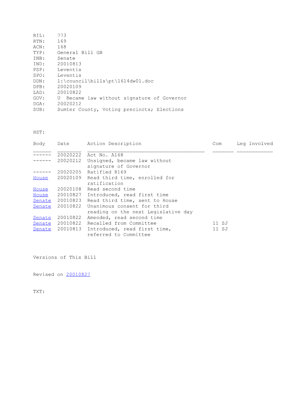 2001-2002 Bill 773: Sumter County, Voting Precincts; Elections - South Carolina Legislature