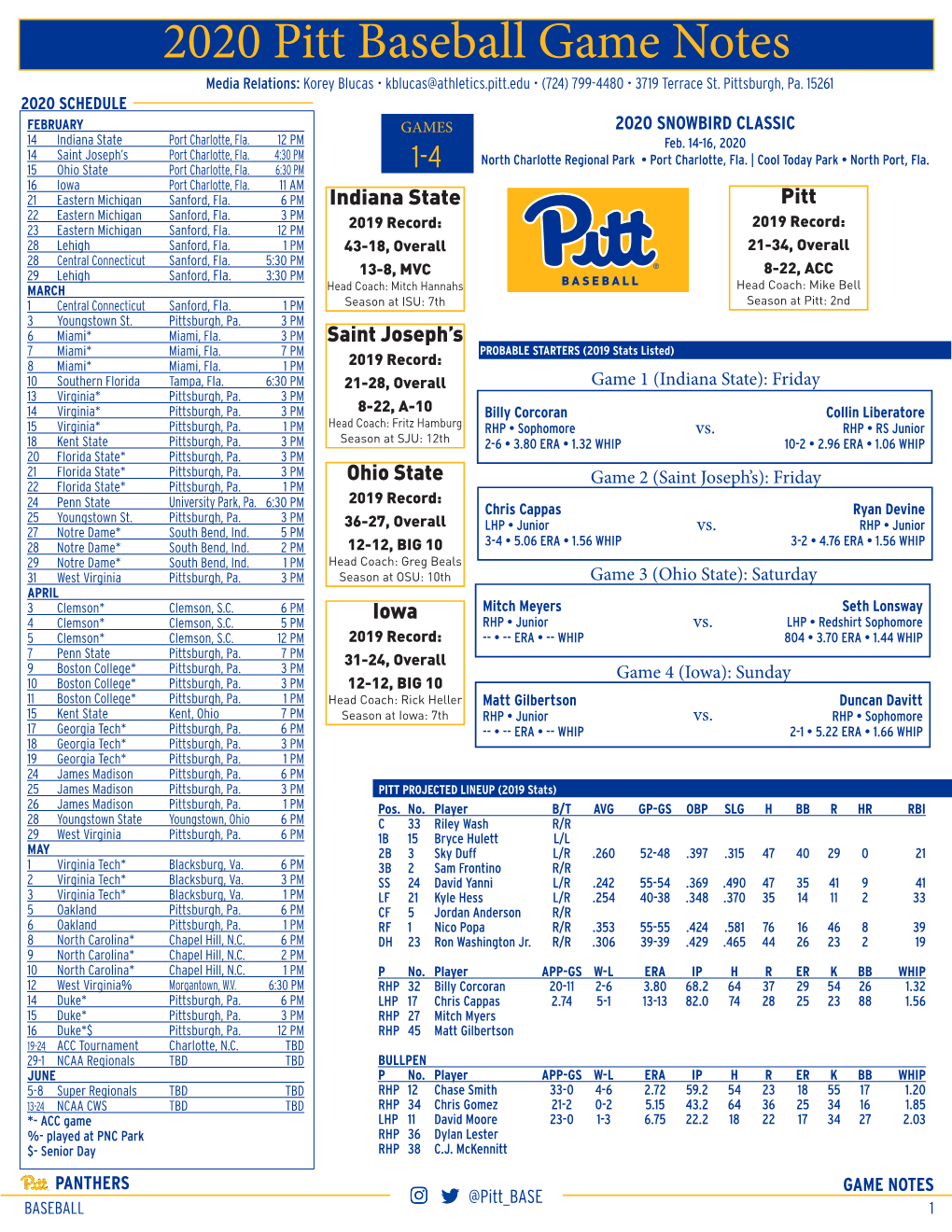 2020 Pitt Baseball Game Notes Media Relations: Korey Blucas • Kblucas@Athletics.Pitt.Edu • (724) 799-4480 • 3719 Terrace St