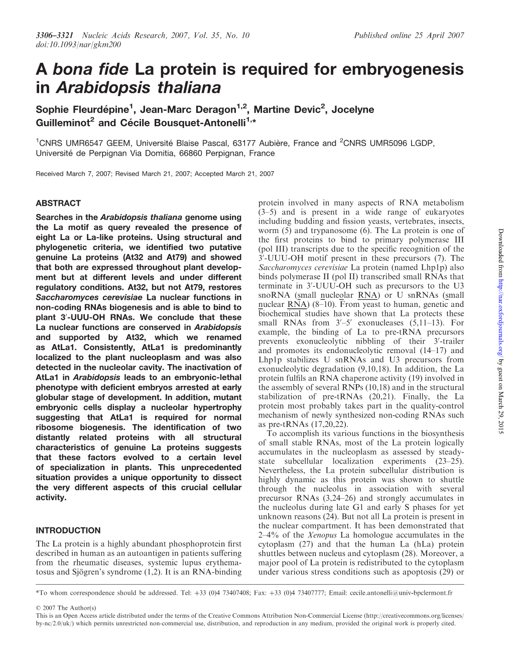 A Bona Fide La Protein Is Required for Embryogenesis in Arabidopsis