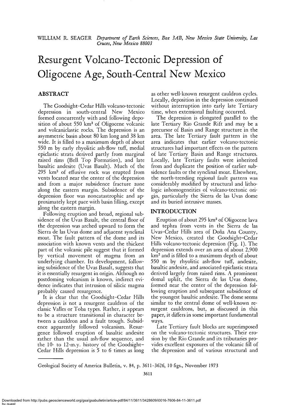 Resurgent Volcano-Tectonic Depression of Oligocene Age, South-Central New Mexico