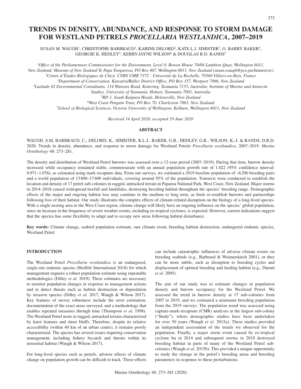 Trends in Density, Abundance, and Response to Storm Damage for Westland Petrels Procellaria Westlandica, 2007–2019