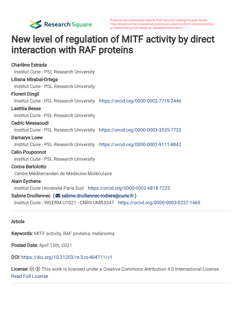 1 New Level of Regulation of MITF Activity by Direct Interaction With