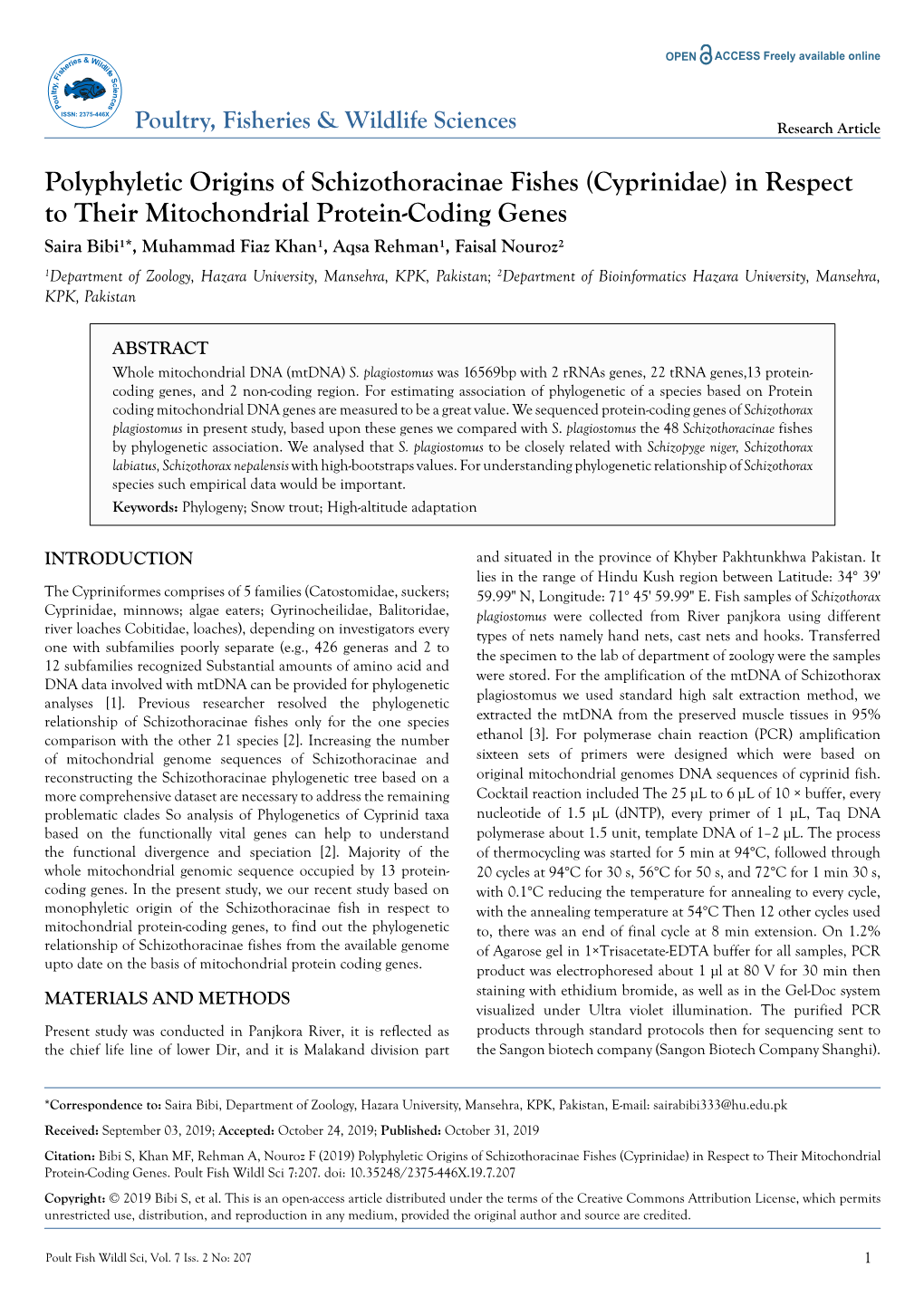 (Cyprinidae) in Respect to Their Mitochondrial Protein-Coding Genes