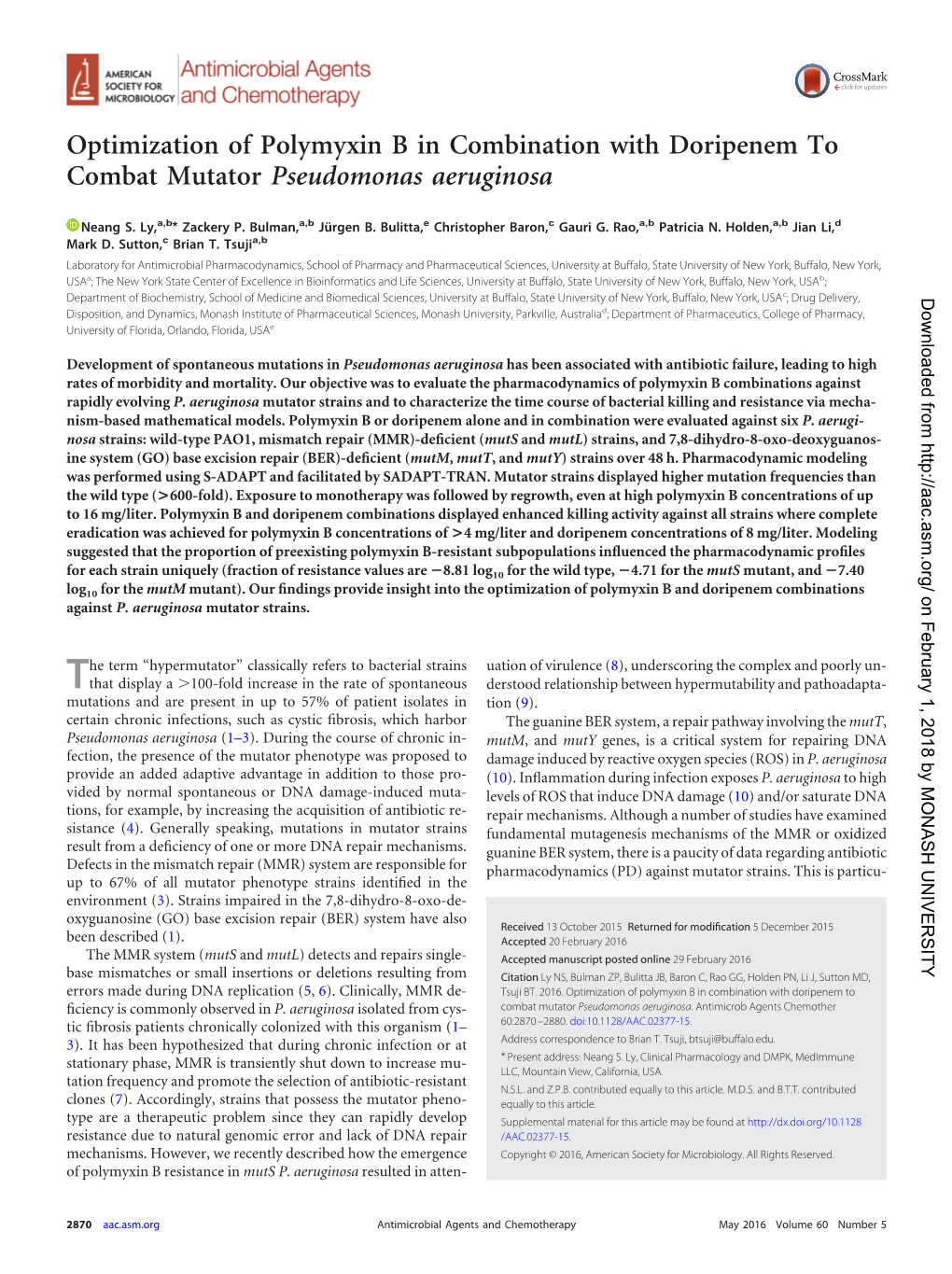 Optimization of Polymyxin B in Combination with Doripenem to Combat Mutator Pseudomonas Aeruginosa