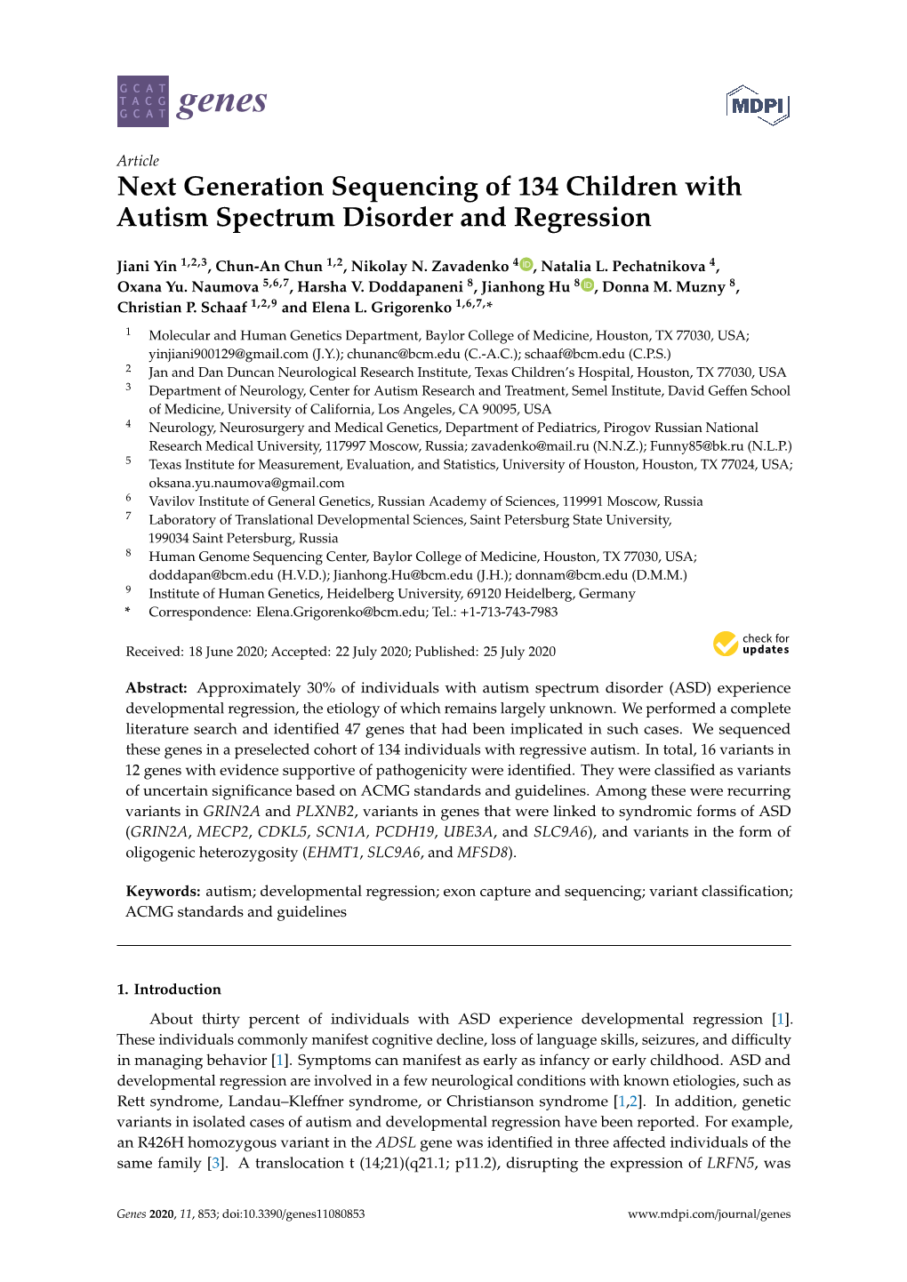 Next Generation Sequencing of 134 Children with Autism Spectrum Disorder and Regression