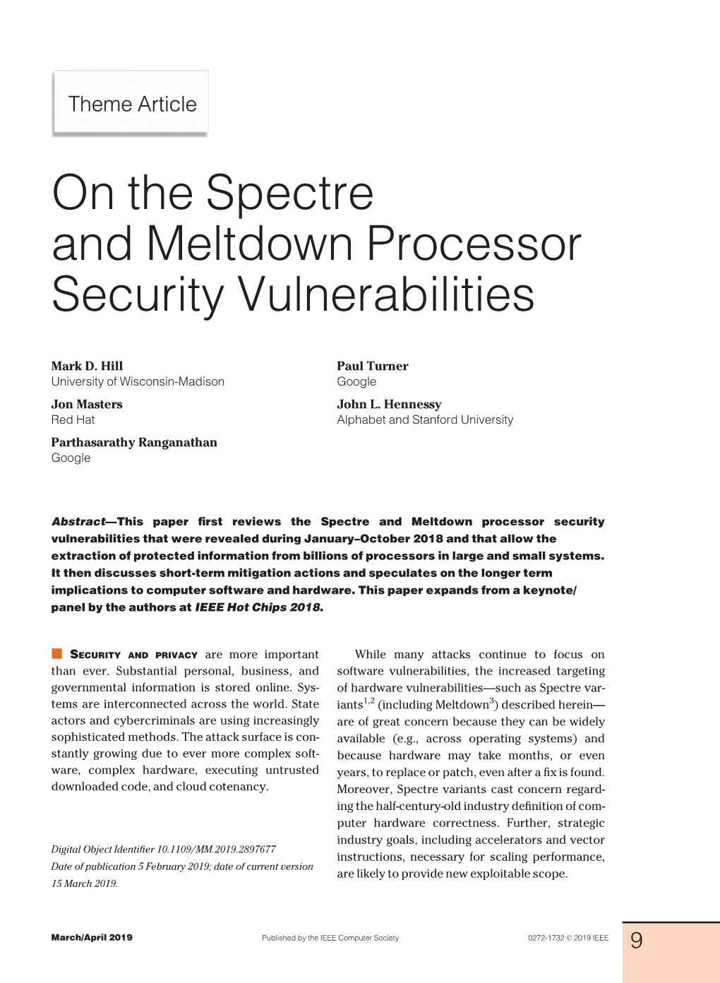 On the Spectre and Meltdown Processor Security Vulnerabilities