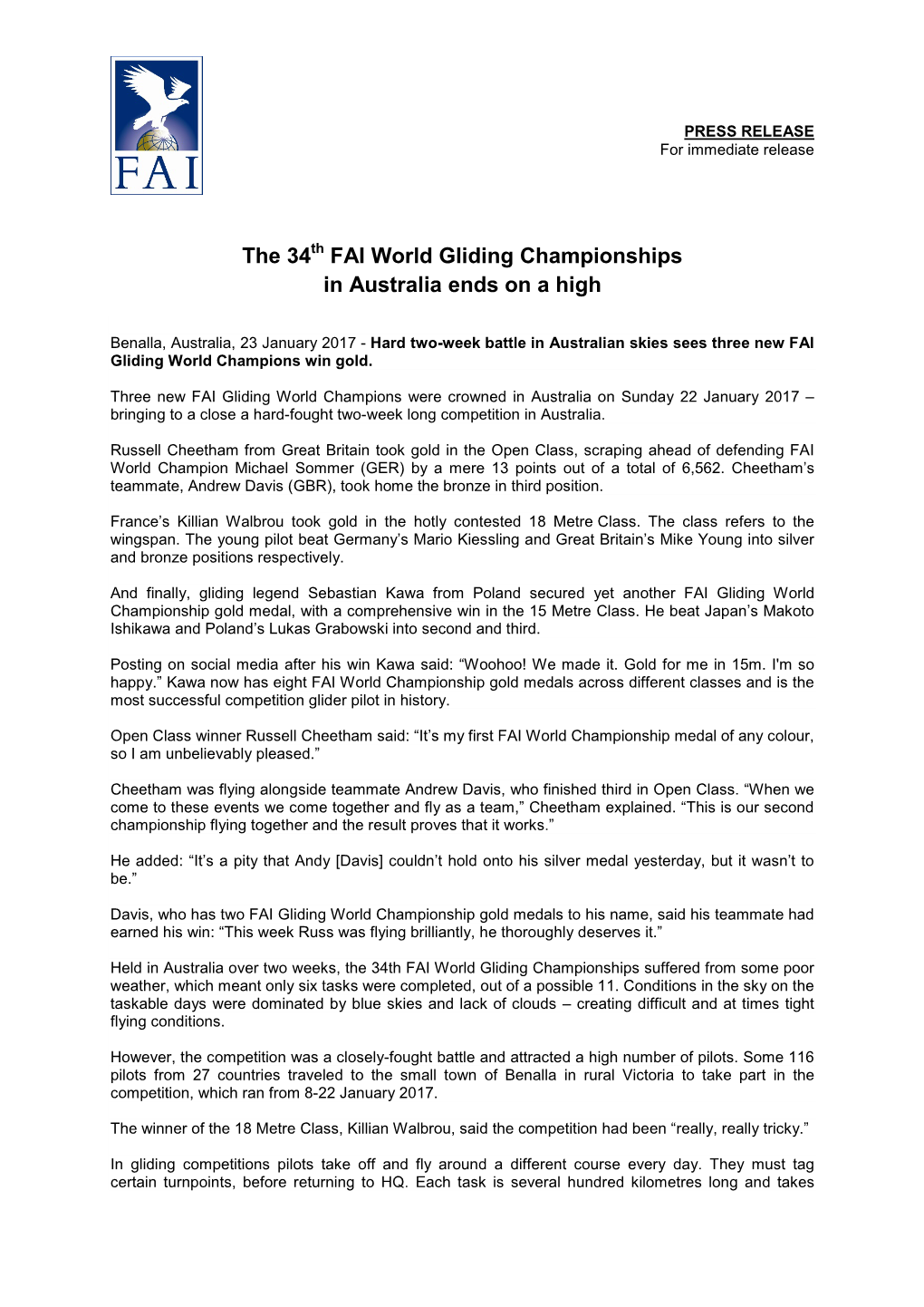 The 34 FAI World Gliding Championships in Australia Ends