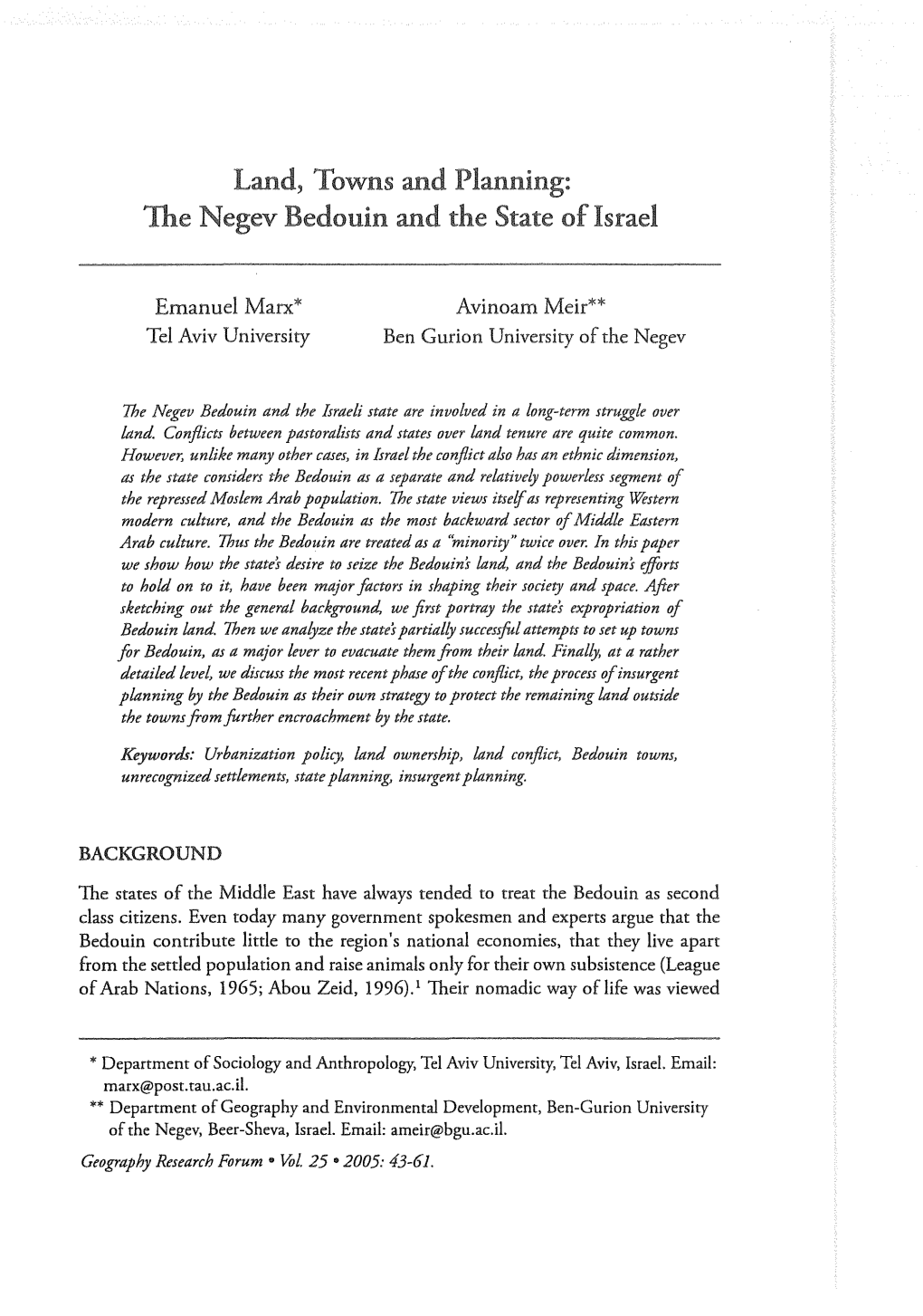 Land, Towns and Planning: the Negev Bedouin and the State of Israel