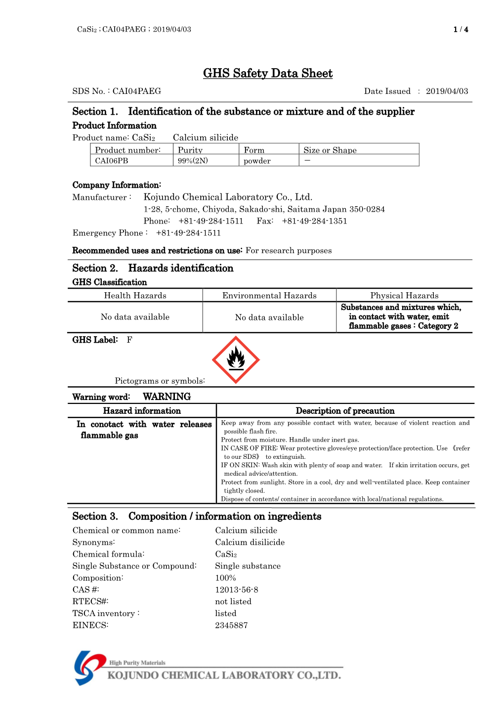 GHS Safety Data Sheet SDS No