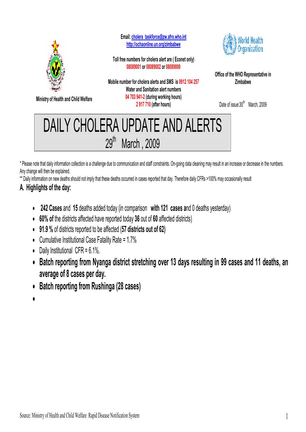 DAILY CHOLERA UPDATE and ALERTS 29Th March , 2009