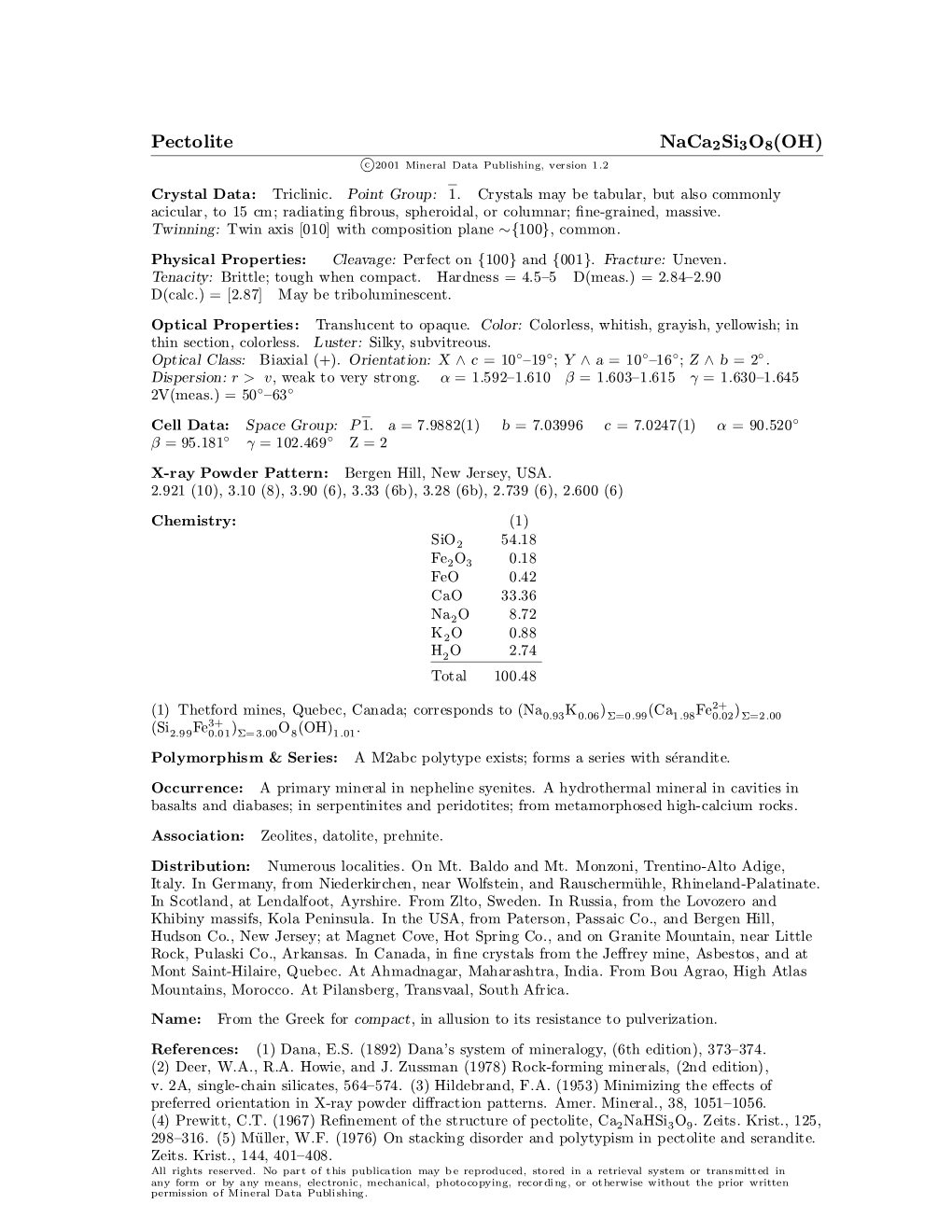 Pectolite Naca2si3o8(OH) C 2001 Mineral Data Publishing, Version 1.2 ° Crystal Data: Triclinic