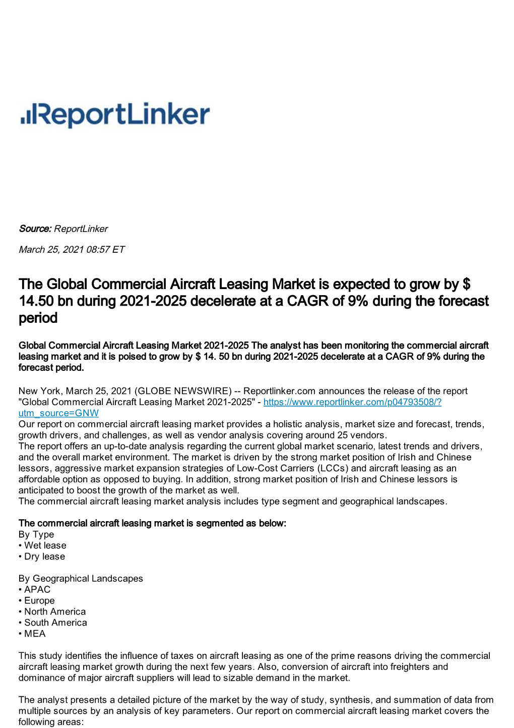The Global Commercial Aircraft Leasing Market Is Expected to Grow by $ 14.50 Bn During 2021-2025 Decelerate at a CAGR of 9% During the Forecast Period