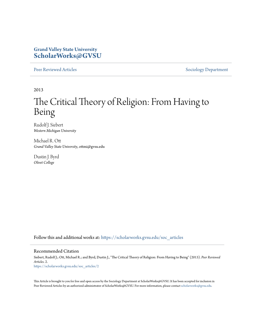 The Critical Theory of Religion: from Having to Being