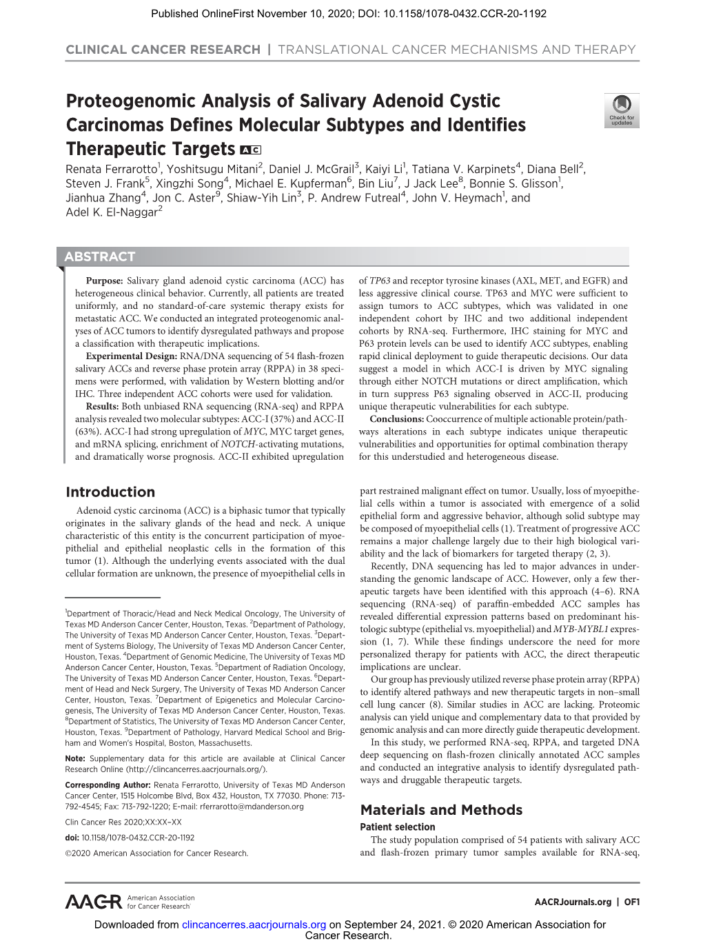 Proteogenomic Analysis of Salivary Adenoid Cystic Carcinomas