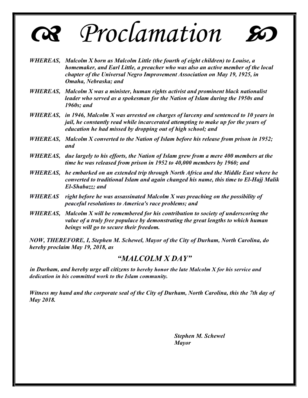 Malcolm X Day Proclamation