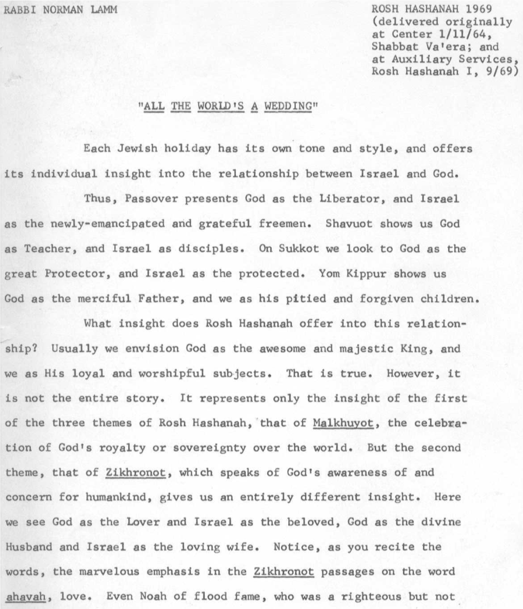 RABBI NORMAN LAMM ROSH HASHANAH 1969 (Delivered Originally at Center 1/11/64, Shabbat Va'era; and at Auxiliary Services, Rosh Hashanah I, 9/69)