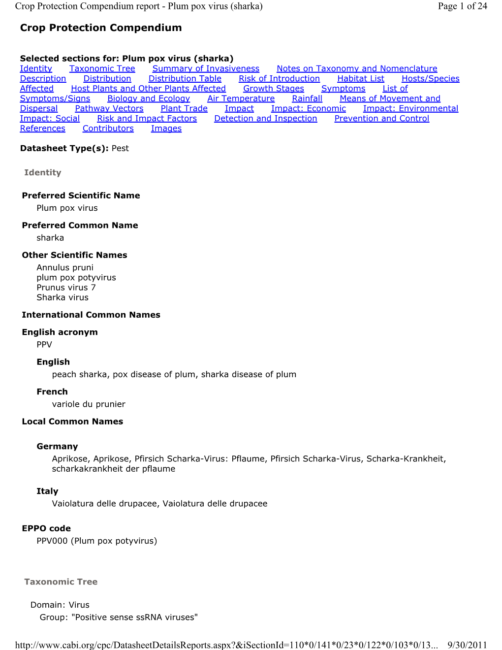 Crop Protection Compendium Report - Plum Pox Virus (Sharka) Page 1 of 24